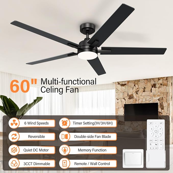 60 Inch Black Ceiling Fans with Lights and Remote, Reversible, 3CCT, Dimmable, Noiseless, Large Ceiling Fan for Bedroom