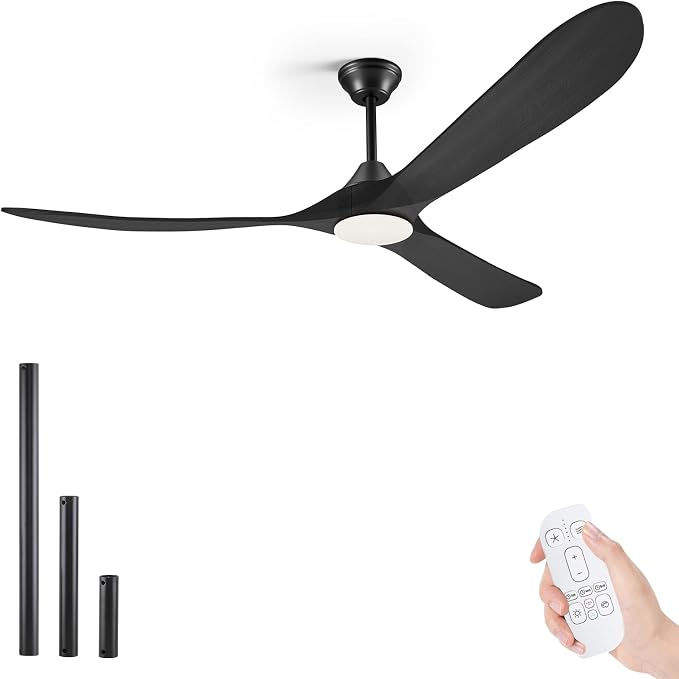 60 Inch Black Outdoor Ceiling Fans for Patios with Light, 3 Blade Modern Wood Ceiling Fans with Remote Quiet DC Motor, Large