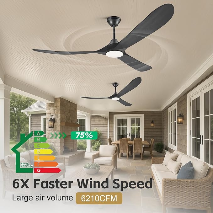60 Inch Black Outdoor Ceiling Fans for Patios with Light, 3 Blade Modern Wood Ceiling Fans with Remote Quiet DC Motor, Large