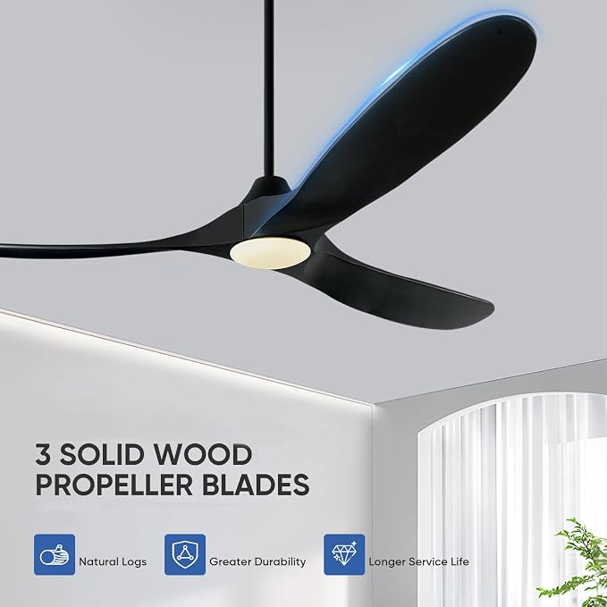 60 Inch Black Outdoor Ceiling Fans for Patios with Light, 3 Blade Modern Wood Ceiling Fans with Remote Quiet DC Motor, Large