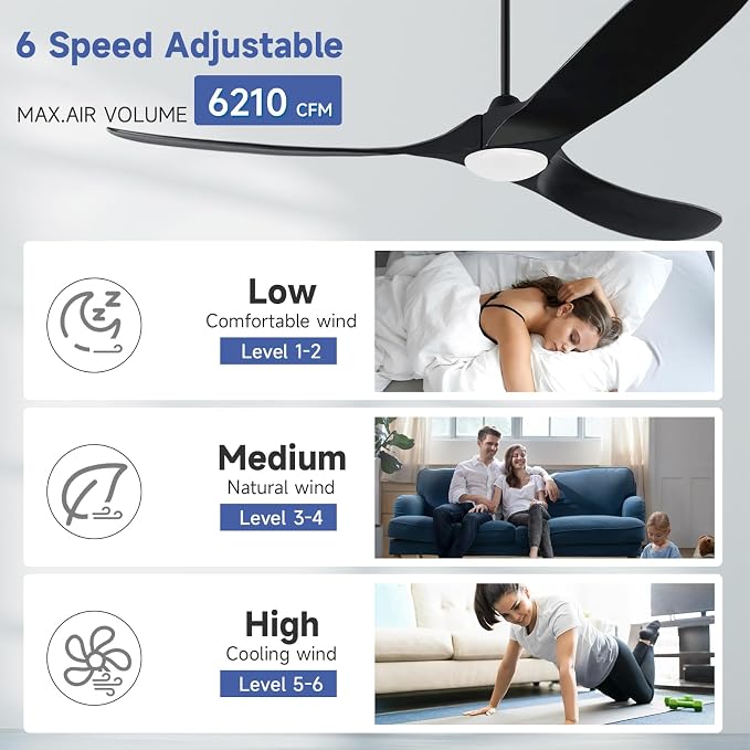 60 Inch Black Outdoor Ceiling Fans for Patios with Light, 3 Blade Modern Wood Ceiling Fans with Remote Quiet DC Motor, Large