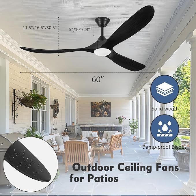 60 Inch Black Outdoor Ceiling Fans for Patios with Light, 3 Blade Modern Wood Ceiling Fans with Remote Quiet DC Motor, Large