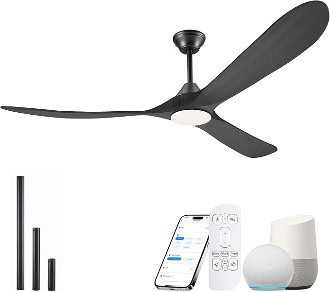 60 Inch Black Outdoor Ceiling Fans with Lights, Smart Ceiling Fan with Remote/APP/Alexa Control, Solid Wood Farmhouse Ceiling