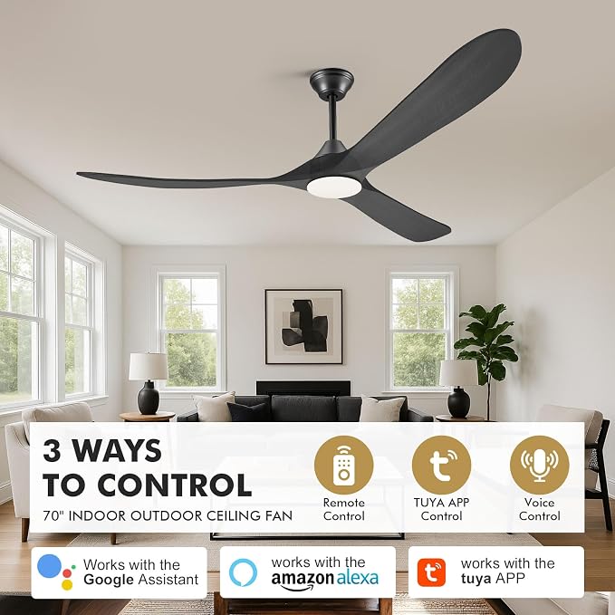 60 Inch Black Outdoor Ceiling Fans with Lights, Smart Ceiling Fan with Remote/APP/Alexa Control, Solid Wood Farmhouse Ceiling