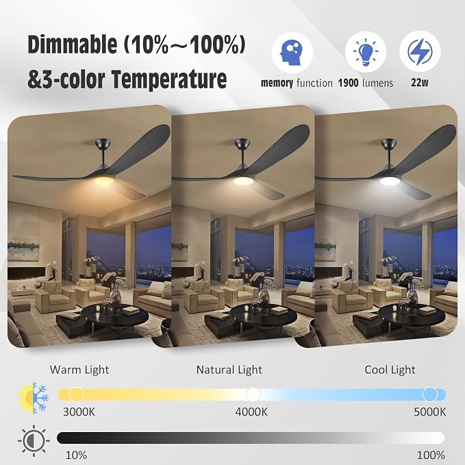 60 Inch Black Outdoor Ceiling Fans with Lights, Smart Ceiling Fan with Remote/APP/Alexa Control, Solid Wood Farmhouse Ceiling
