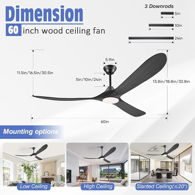 60 Inch Black Outdoor Ceiling Fans with Lights, Smart Ceiling Fan with Remote/APP/Alexa Control, Solid Wood Farmhouse Ceiling