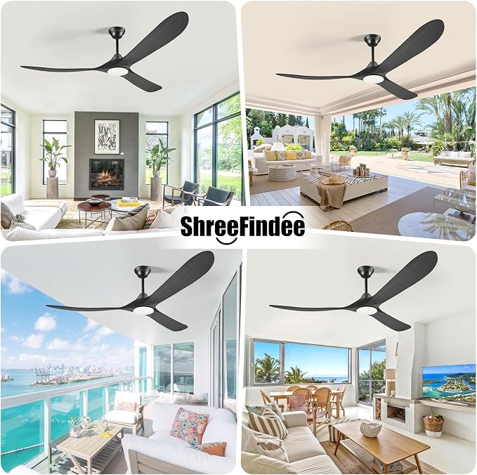 60 Inch Black Outdoor Ceiling Fans with Lights, Smart Ceiling Fan with Remote/APP/Alexa Control, Solid Wood Farmhouse Ceiling
