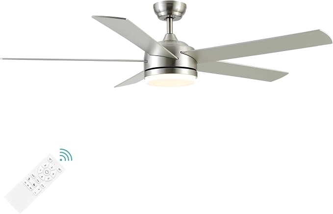 60 Inch Brushed Nickel Ceiling Fan with Light and Remote Control.Noiseless,Dimmable,3CCT,6 Speeds Reversible, DC Ceiling Fans