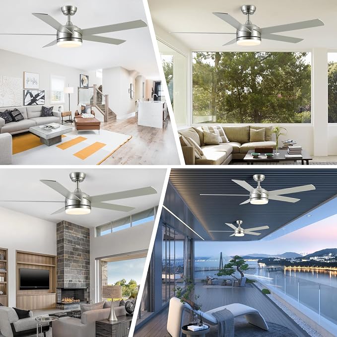 60 Inch Brushed Nickel Ceiling Fan with Light and Remote Control.Noiseless,Dimmable,3CCT,6 Speeds Reversible, DC Ceiling Fans