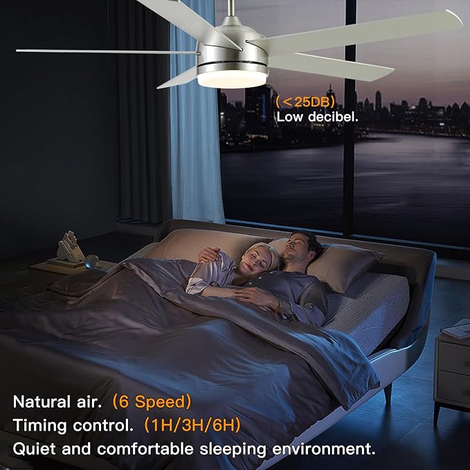 60 Inch Brushed Nickel Ceiling Fan with Light and Remote Control.Noiseless,Dimmable,3CCT,6 Speeds Reversible, DC Ceiling Fans