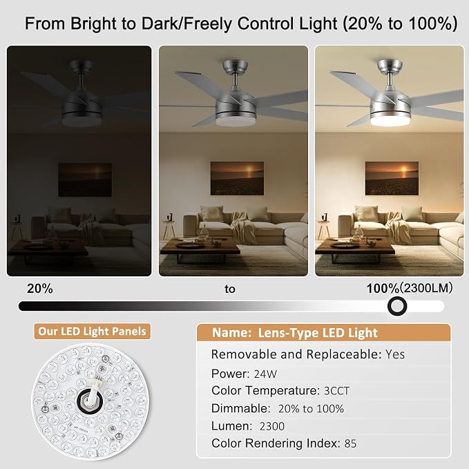 60 Inch Brushed Nickel Ceiling Fan with Light and Remote Control.Noiseless,Dimmable,3CCT,6 Speeds Reversible, DC Ceiling Fans
