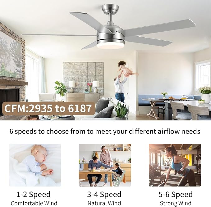 60 Inch Brushed Nickel Ceiling Fan with Light and Remote Control.Noiseless,Dimmable,3CCT,6 Speeds Reversible, DC Ceiling Fans