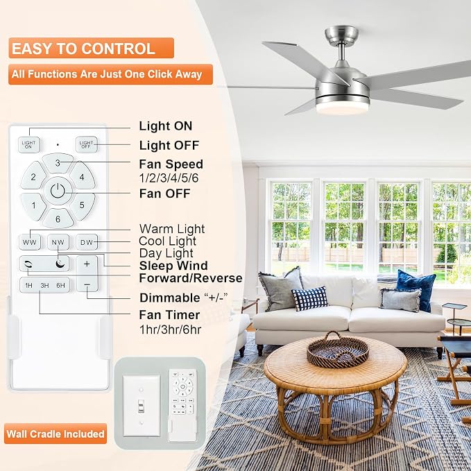 60 Inch Brushed Nickel Ceiling Fan with Light and Remote Control.Noiseless,Dimmable,3CCT,6 Speeds Reversible, DC Ceiling Fans