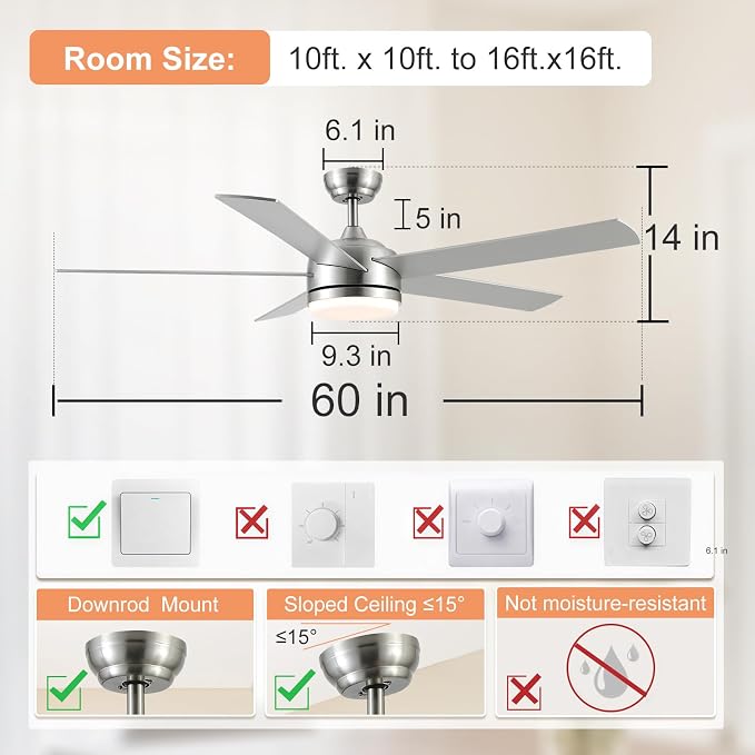 60 Inch Brushed Nickel Ceiling Fan with Light and Remote Control.Noiseless,Dimmable,3CCT,6 Speeds Reversible, DC Ceiling Fans