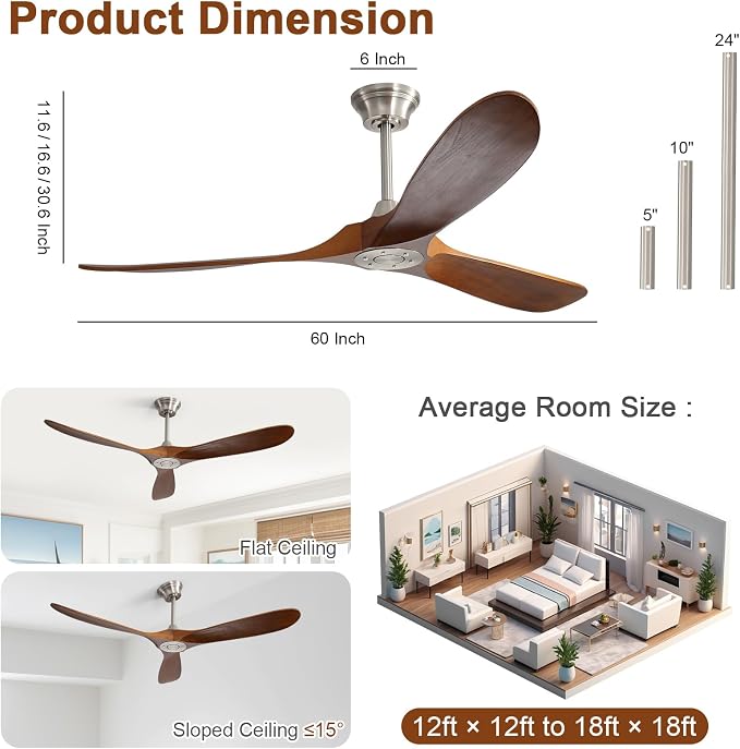 60 Inch Ceiling Fan No Light, Solid Wood Ceiling Fans Without Lights for Indoor/Outdoor, Remote Control, Reversible DC Motor