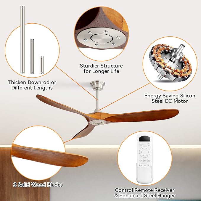 60 Inch Ceiling Fan No Light, Solid Wood Ceiling Fans Without Lights for Indoor/Outdoor, Remote Control, Reversible DC Motor