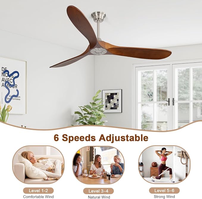 60 Inch Ceiling Fan No Light, Solid Wood Ceiling Fans Without Lights for Indoor/Outdoor, Remote Control, Reversible DC Motor