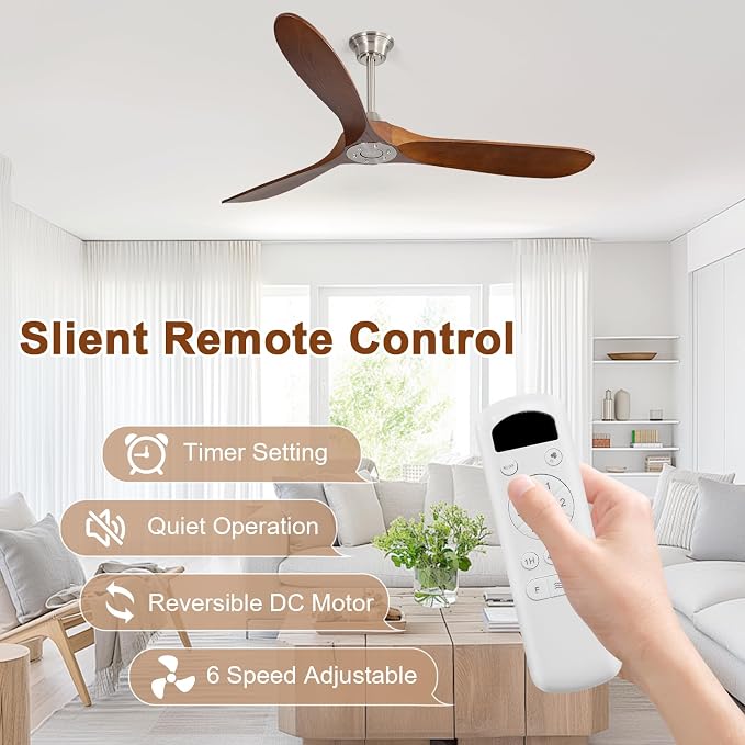 60 Inch Ceiling Fan No Light, Solid Wood Ceiling Fans Without Lights for Indoor/Outdoor, Remote Control, Reversible DC Motor