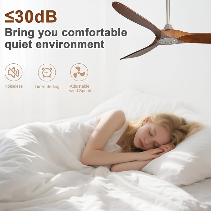 60 Inch Ceiling Fan No Light, Solid Wood Ceiling Fans Without Lights for Indoor/Outdoor, Remote Control, Reversible DC Motor