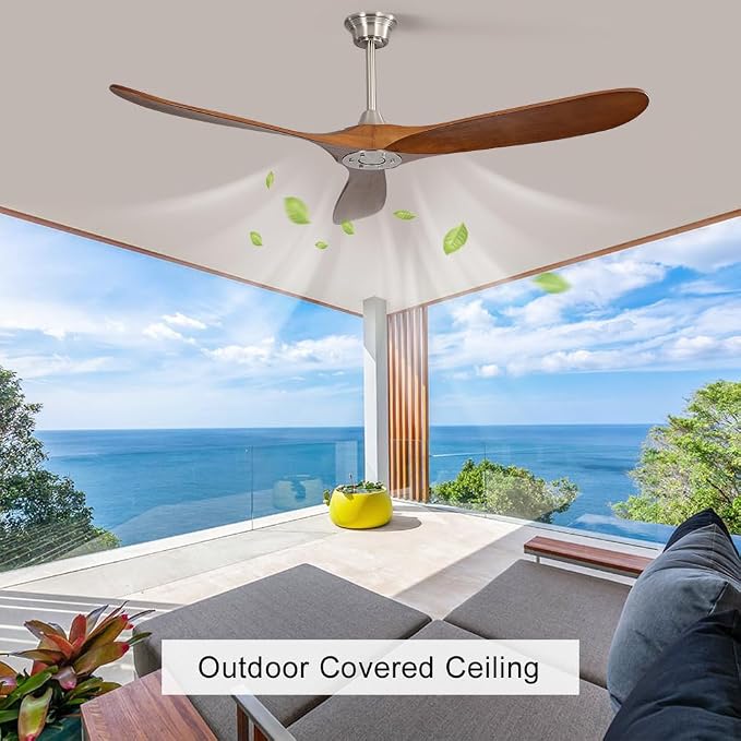 60 Inch Ceiling Fan No Light, Solid Wood Ceiling Fans Without Lights for Indoor/Outdoor, Remote Control, Reversible DC Motor