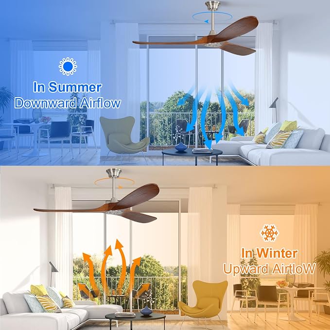 60 Inch Ceiling Fan No Light, Solid Wood Ceiling Fans Without Lights for Indoor/Outdoor, Remote Control, Reversible DC Motor