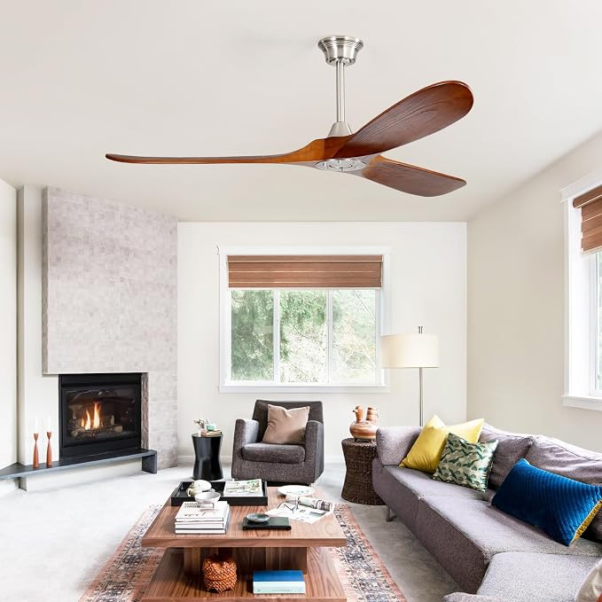 60 Inch Ceiling Fan No Light, Solid Wood Ceiling Fans Without Lights for Indoor/Outdoor, Remote Control, Reversible DC Motor