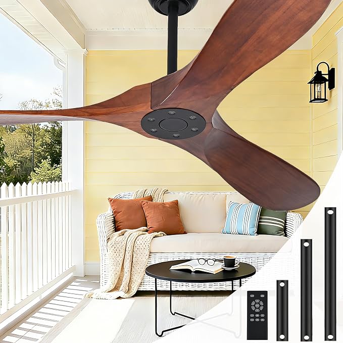 60 Inch Ceiling Fan No Light, Wood Indoor Outdoor Ceiling Fans for Patios Living Room Bedroom Gazebo, Big High CFM Wet Rated