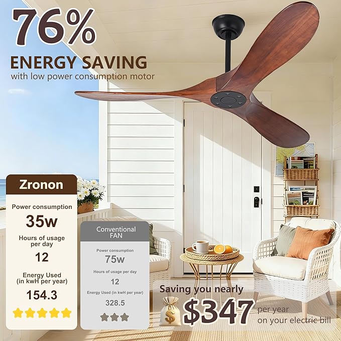 60 Inch Ceiling Fan No Light, Wood Indoor Outdoor Ceiling Fans for Patios Living Room Bedroom Gazebo, Big High CFM Wet Rated