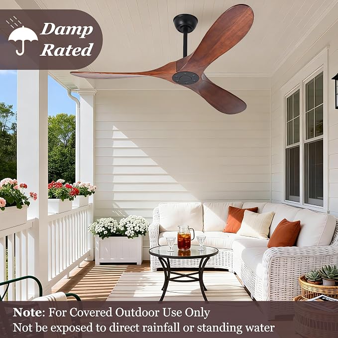 60 Inch Ceiling Fan No Light, Wood Indoor Outdoor Ceiling Fans for Patios Living Room Bedroom Gazebo, Big High CFM Wet Rated