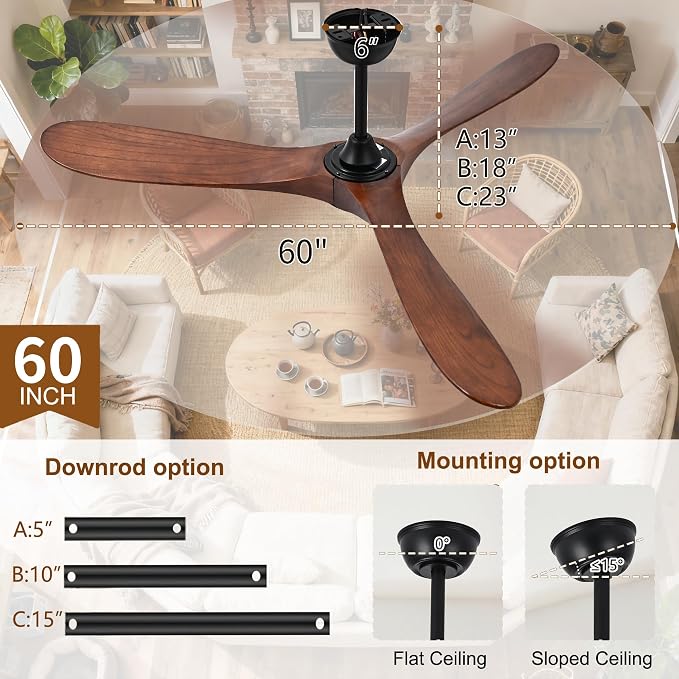 60 Inch Ceiling Fan No Light, Wood Indoor Outdoor Ceiling Fans for Patios Living Room Bedroom Gazebo, Big High CFM Wet Rated