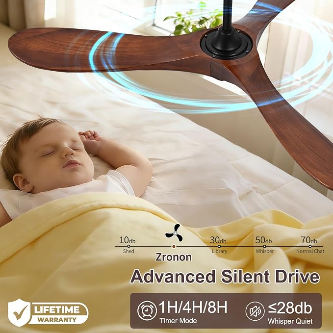 60 Inch Ceiling Fan No Light, Wood Indoor Outdoor Ceiling Fans for Patios Living Room Bedroom Gazebo, Big High CFM Wet Rated