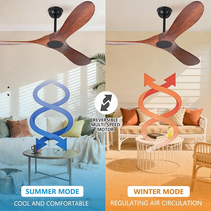 60 Inch Ceiling Fan No Light, Wood Indoor Outdoor Ceiling Fans for Patios Living Room Bedroom Gazebo, Big High CFM Wet Rated