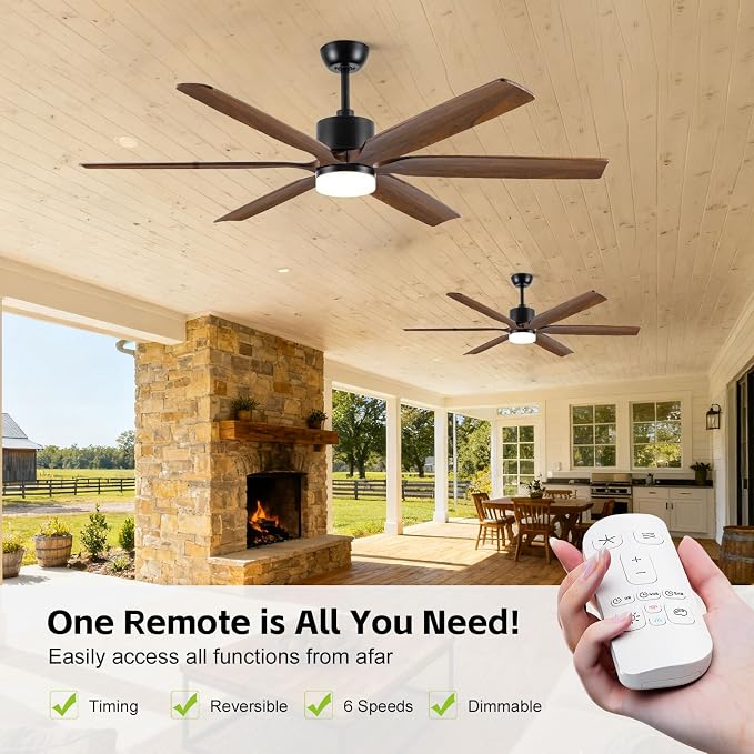 60 Inch Ceiling Fan with Light and Remote, Outdoor Ceiling Fans for Patios Damp Rated, 6 Solid Wood Blades, Rustic Farmhouse
