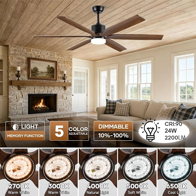 60 Inch Ceiling Fan with Light and Remote, Outdoor Ceiling Fans for Patios Damp Rated, 6 Solid Wood Blades, Rustic Farmhouse