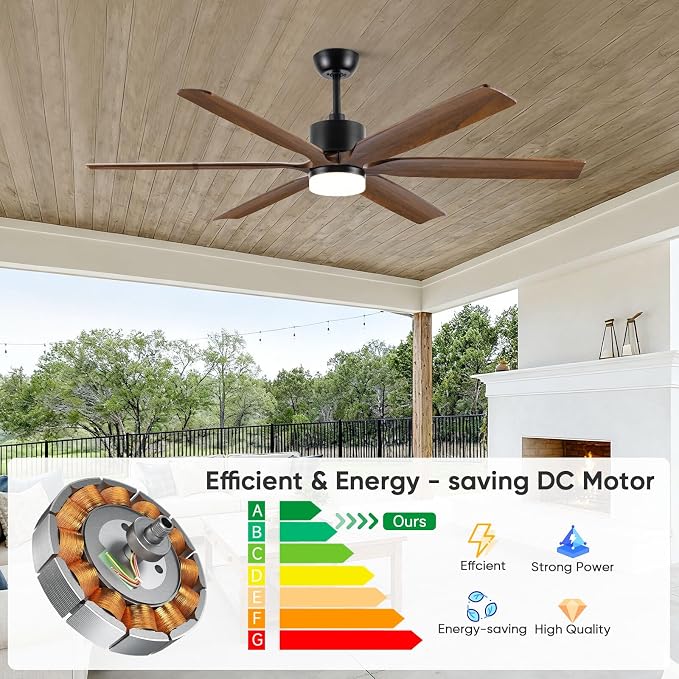 60 Inch Ceiling Fan with Light and Remote, Outdoor Ceiling Fans for Patios Damp Rated, 6 Solid Wood Blades, Rustic Farmhouse