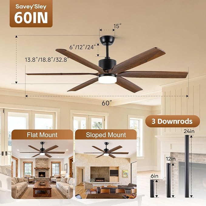 60 Inch Ceiling Fan with Light and Remote, Outdoor Ceiling Fans for Patios Damp Rated, 6 Solid Wood Blades, Rustic Farmhouse