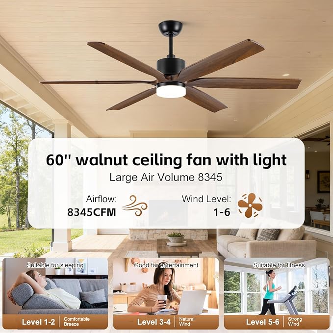 60 Inch Ceiling Fan with Light and Remote, Outdoor Ceiling Fans for Patios Damp Rated, 6 Solid Wood Blades, Rustic Farmhouse