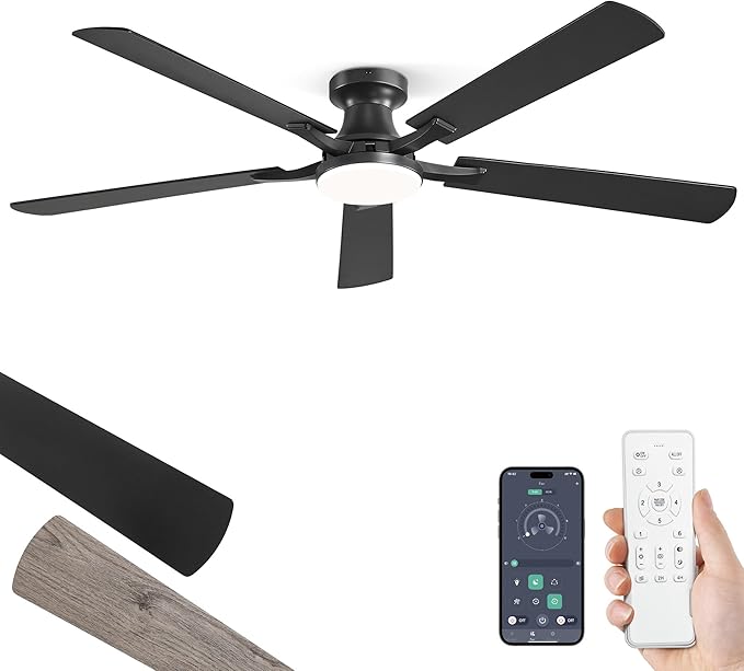 60 Inch Ceiling Fan with Light, App&Remote Control, Flush Mount Low Profile, Dimmable 20W LED Light, Quiet Reversible Motor