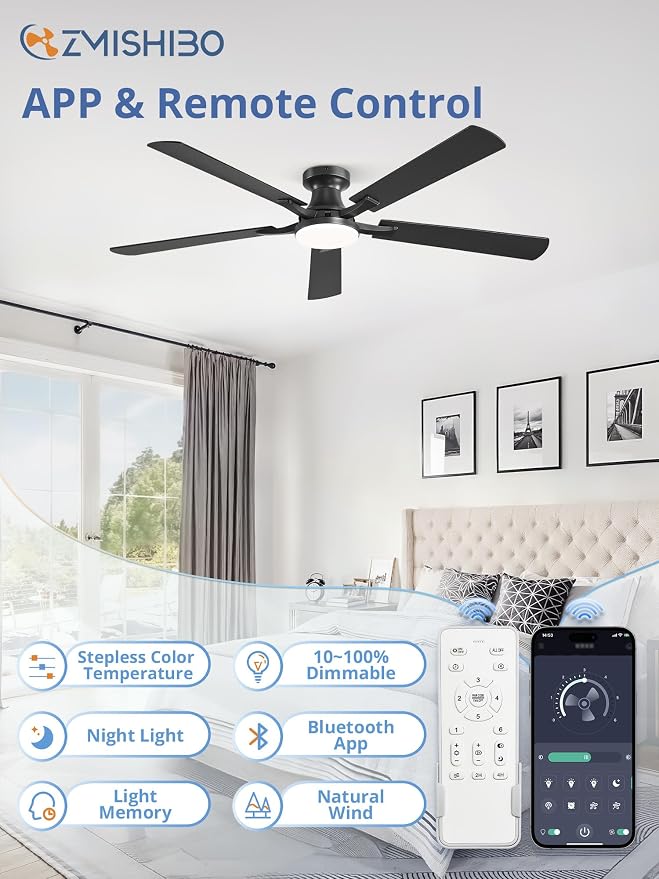60 Inch Ceiling Fan with Light, App&Remote Control, Flush Mount Low Profile, Dimmable 20W LED Light, Quiet Reversible Motor