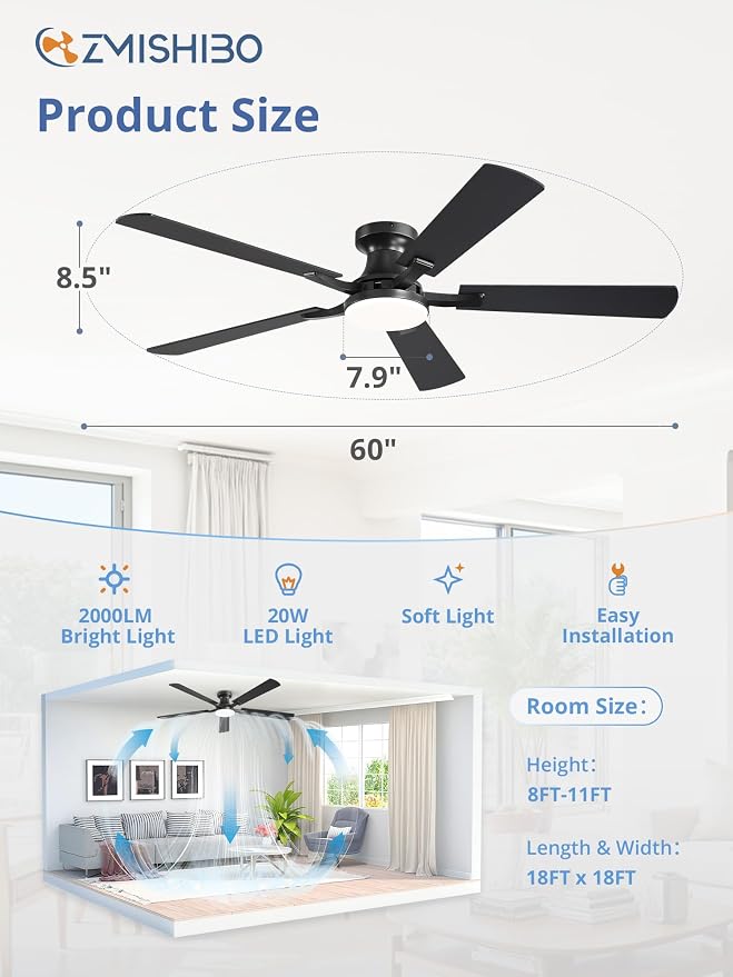 60 Inch Ceiling Fan with Light, App&Remote Control, Flush Mount Low Profile, Dimmable 20W LED Light, Quiet Reversible Motor