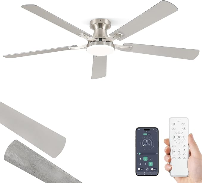 60 Inch Ceiling Fan with Light, App&Remote Control, Flush Mount Low Profile, Dimmable 20W LED Light, Quiet Reversible Motor