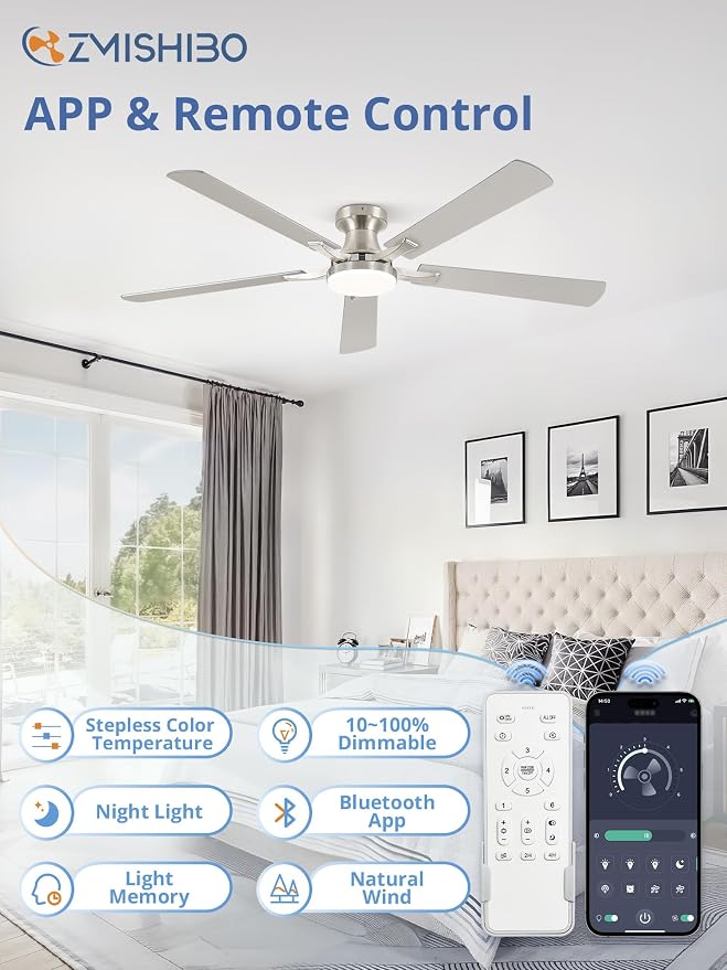 60 Inch Ceiling Fan with Light, App&Remote Control, Flush Mount Low Profile, Dimmable 20W LED Light, Quiet Reversible Motor