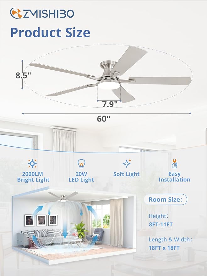 60 Inch Ceiling Fan with Light, App&Remote Control, Flush Mount Low Profile, Dimmable 20W LED Light, Quiet Reversible Motor