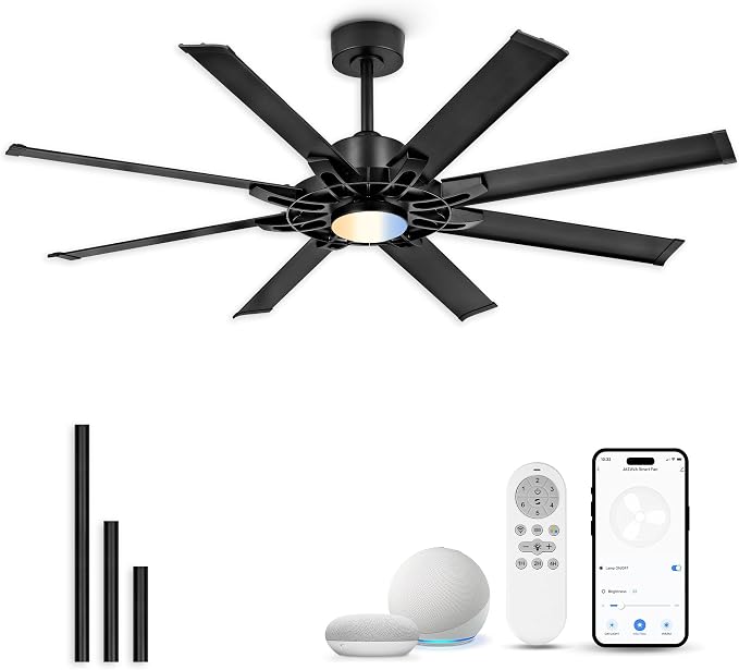 60 Inch Ceiling Fan with Light, Black Indoor Outdoor Ceiling Fan with 8 Aluminium Metal Blades, Smart Fan with Alexa, Modern