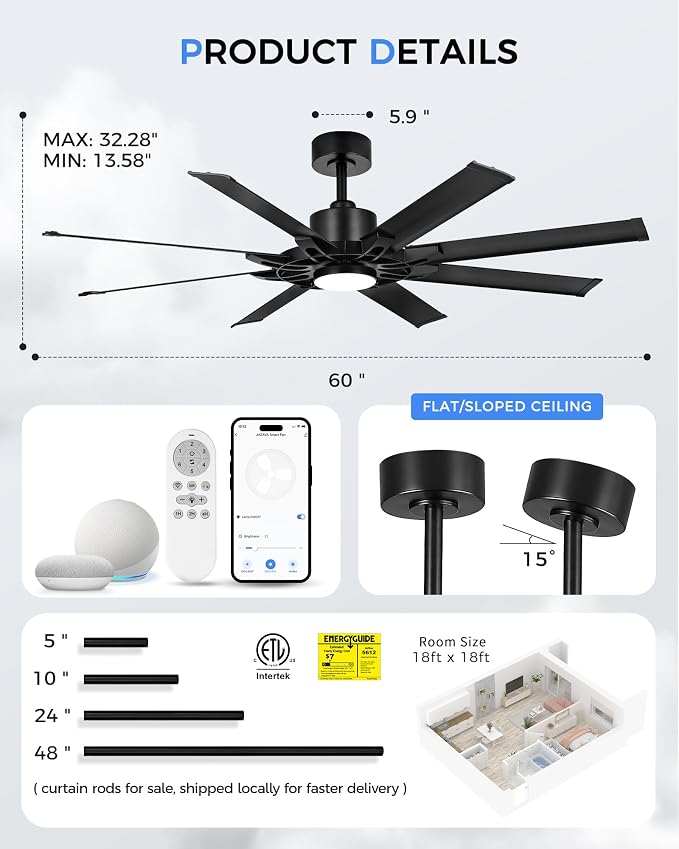 60 Inch Ceiling Fan with Light, Black Indoor Outdoor Ceiling Fan with 8 Aluminium Metal Blades, Smart Fan with Alexa, Modern