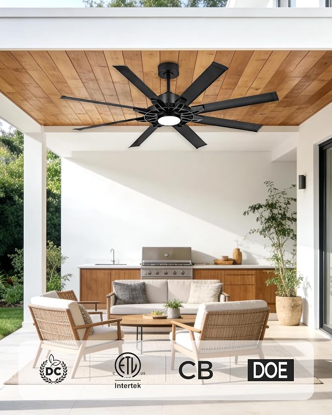 60 Inch Ceiling Fan with Light, Black Indoor Outdoor Ceiling Fan with 8 Aluminium Metal Blades, Smart Fan with Alexa, Modern