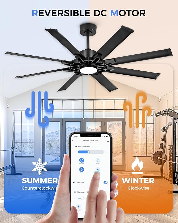 60 Inch Ceiling Fan with Light, Black Indoor Outdoor Ceiling Fan with 8 Aluminium Metal Blades, Smart Fan with Alexa, Modern