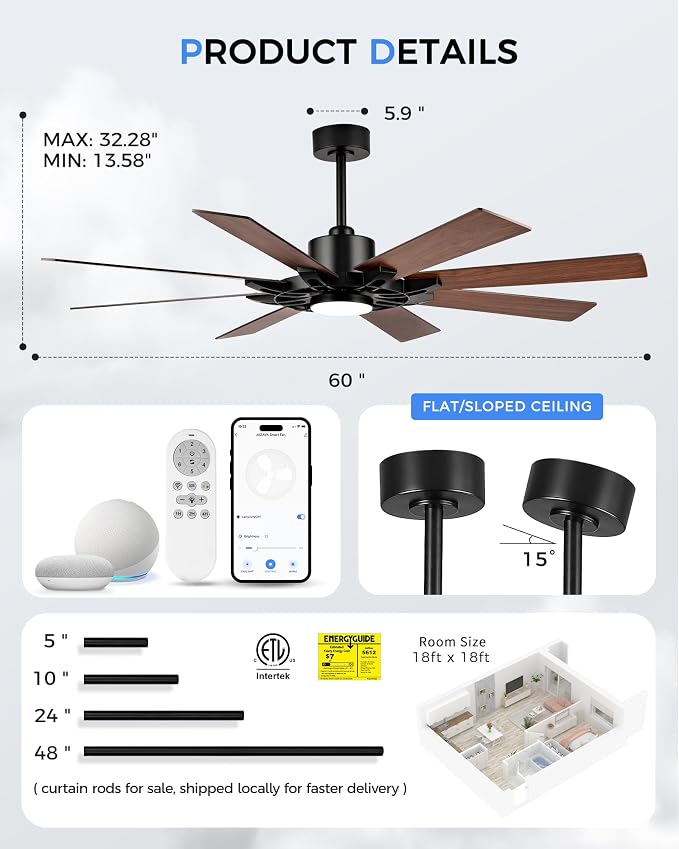60 Inch Ceiling Fan with Light, Smart Indoor Outdoor Ceiling Fan with Alexa App Control, Large Black Modern Ceiling Fan, Dual
