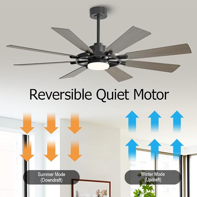 60 Inch Ceiling Fan with Lights and Remote Control, 8 Plywood Blades, 6-Speed Noiseless Reversible DC Motor, 3CCT, Windmill