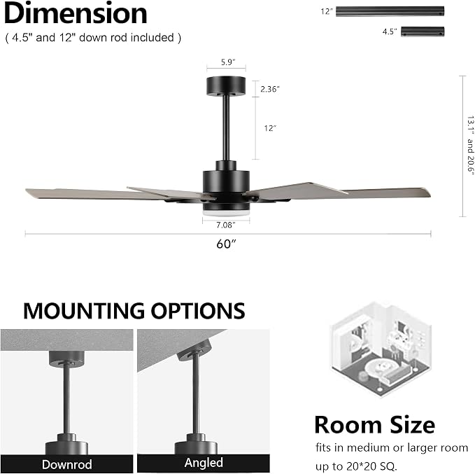 60 Inch Ceiling Fan with Lights and Remote Control, 8 Plywood Blades, 6-Speed Noiseless Reversible DC Motor, 3CCT, Windmill